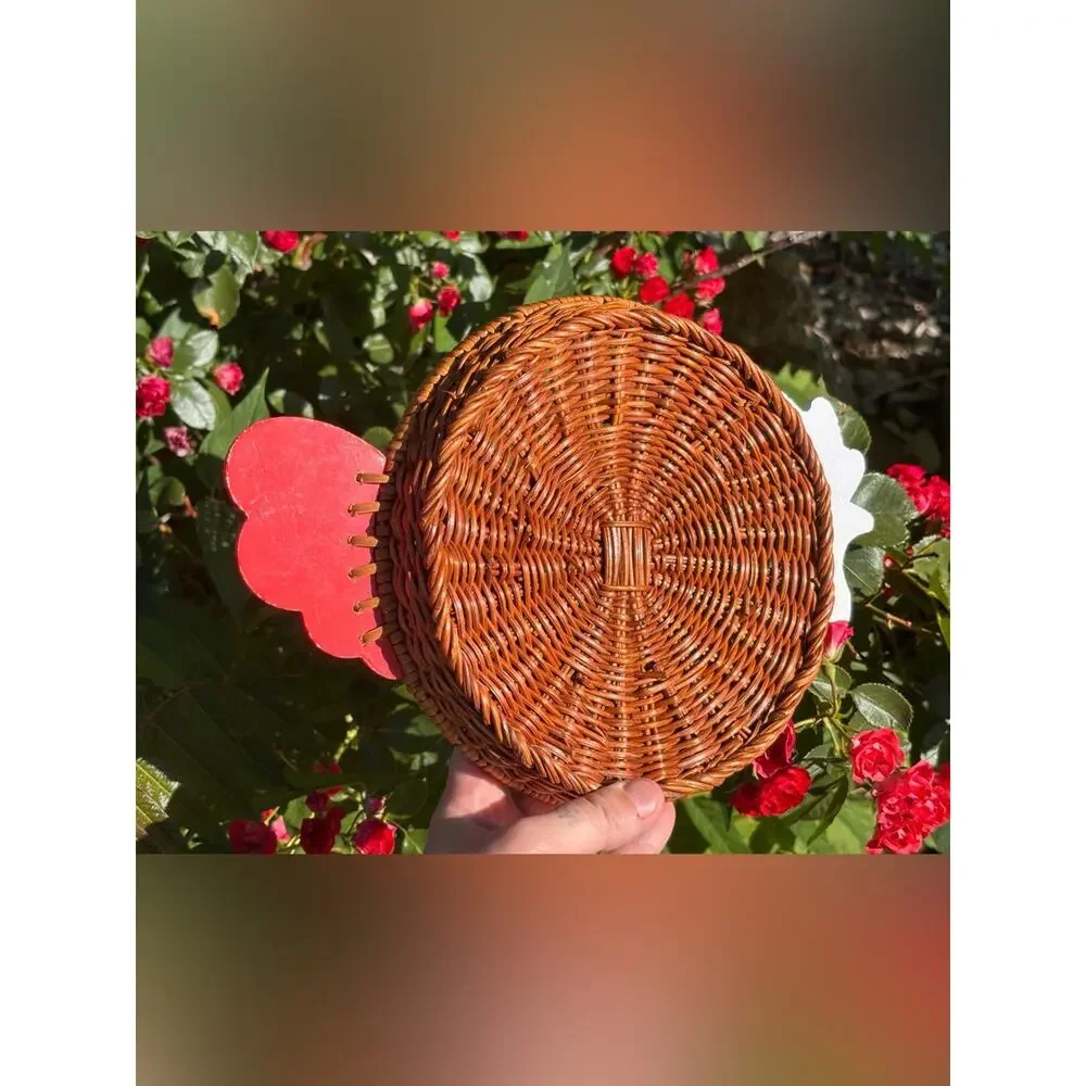 Vintage Avon Wicker Chicken Baskets or Trivets with Red and White Checkered Head